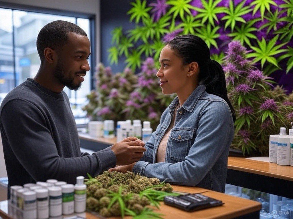 Couple shopping together in a cannabis dispensary surrounded by jars of marijuana and purple leaf decor