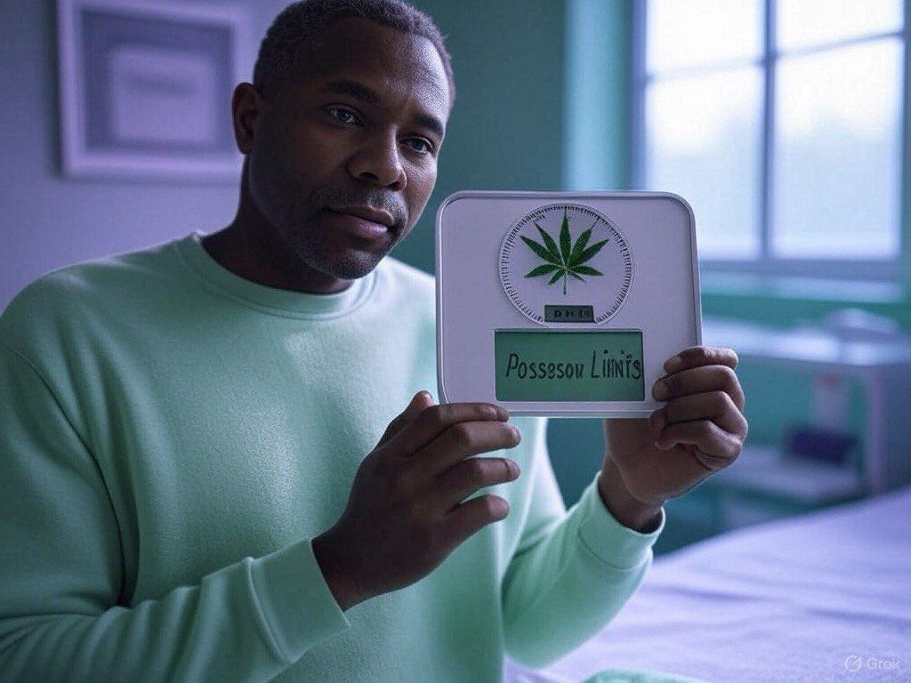 Man in mint green shirt holding a cannabis sign labeled 'Possession Limits'.