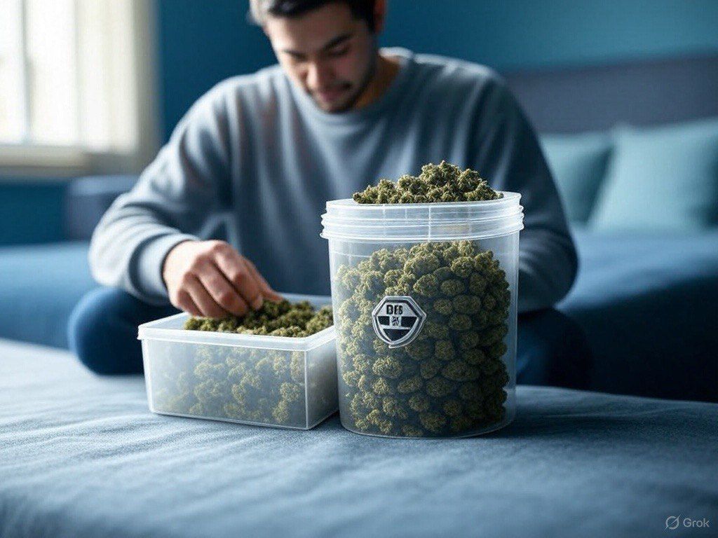 Man on bed sorting cannabis buds into containers with full tub beside him.