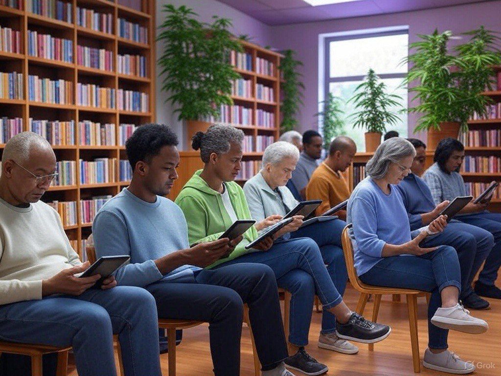 Group of adults reading on tablets in a cannabis-themed library with bookshelves and potted marijuana plants.