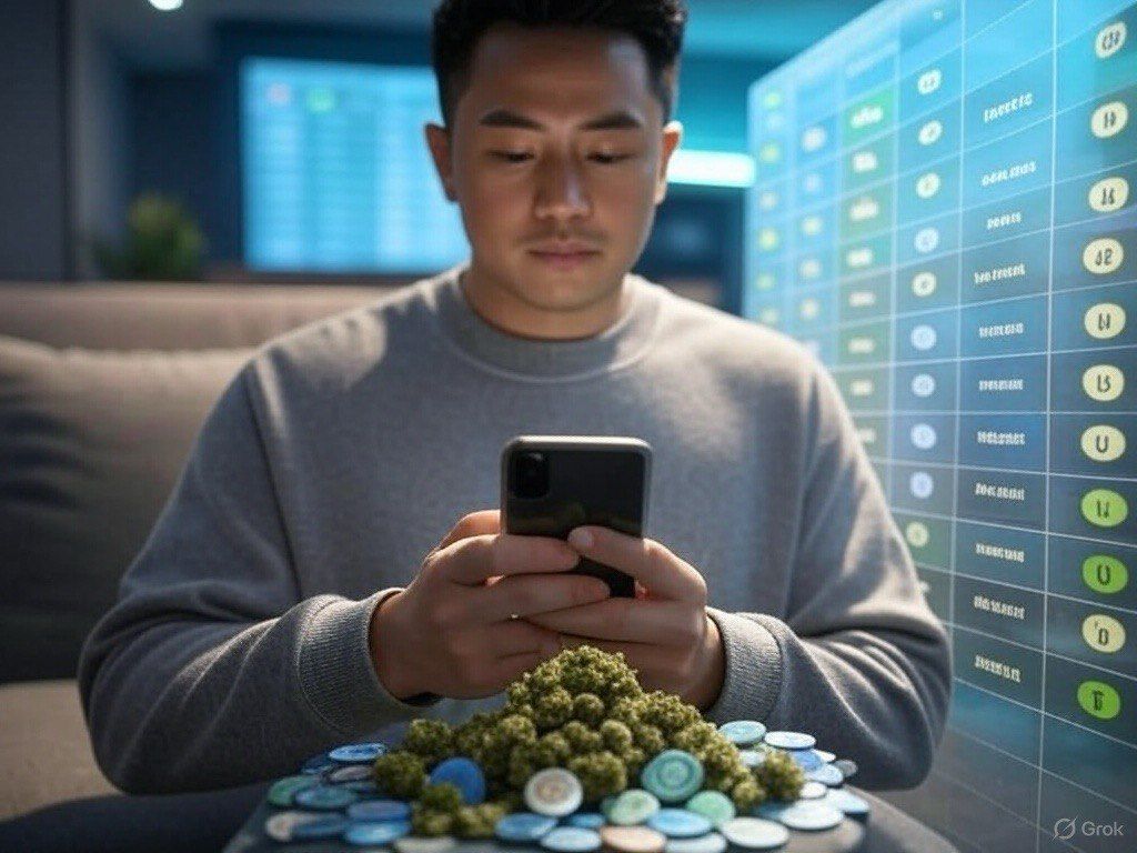 Man using phone near cannabis buds and crypto tokens with exchange dashboard in background