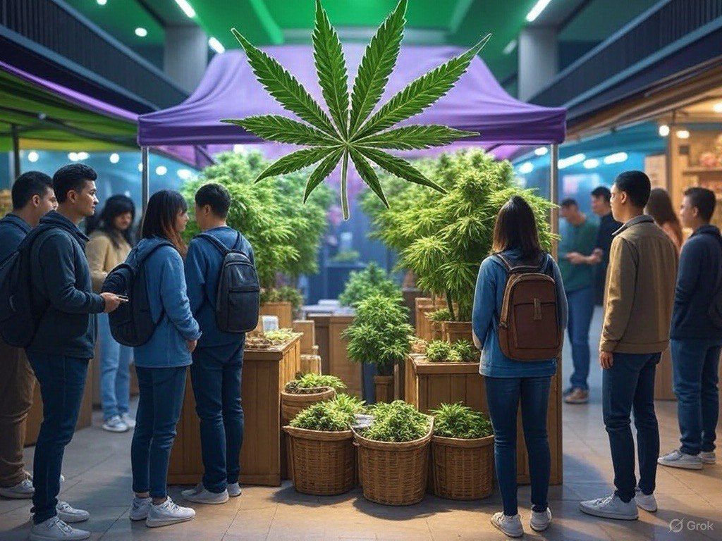 Group of young adults exploring a cannabis market stand with potted marijuana plants under a purple tent