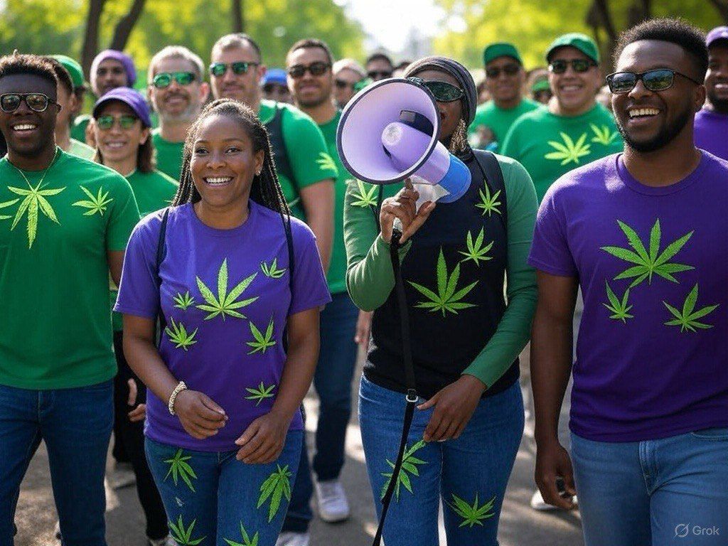 Group in Weedcoin shirts march outdoors with megaphone supporting cannabis culture.