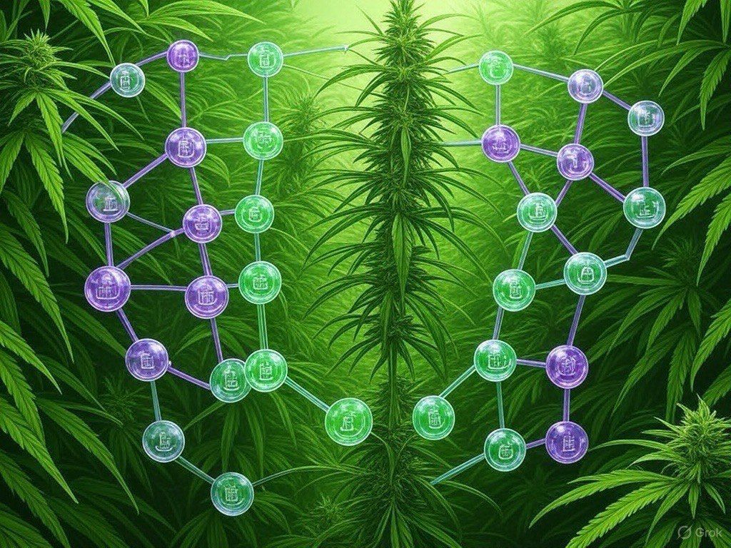 Glowing DNA helix made of blockchain nodes over cannabis plants showing tech and genetics fusion.