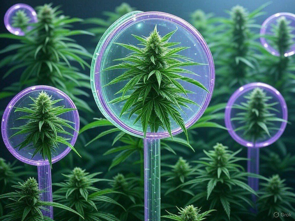 Cannabis plants under glowing magnifiers in a futuristic analysis setup.