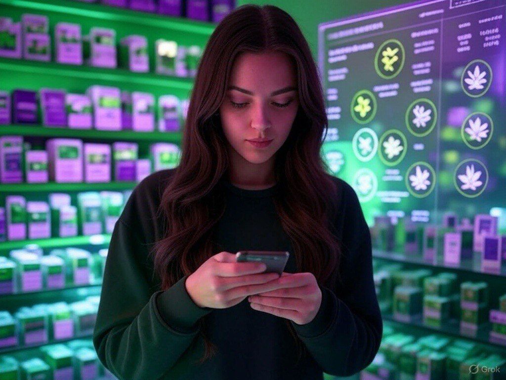 Woman in dispensary uses phone while surrounded by colorful cannabis product boxes.