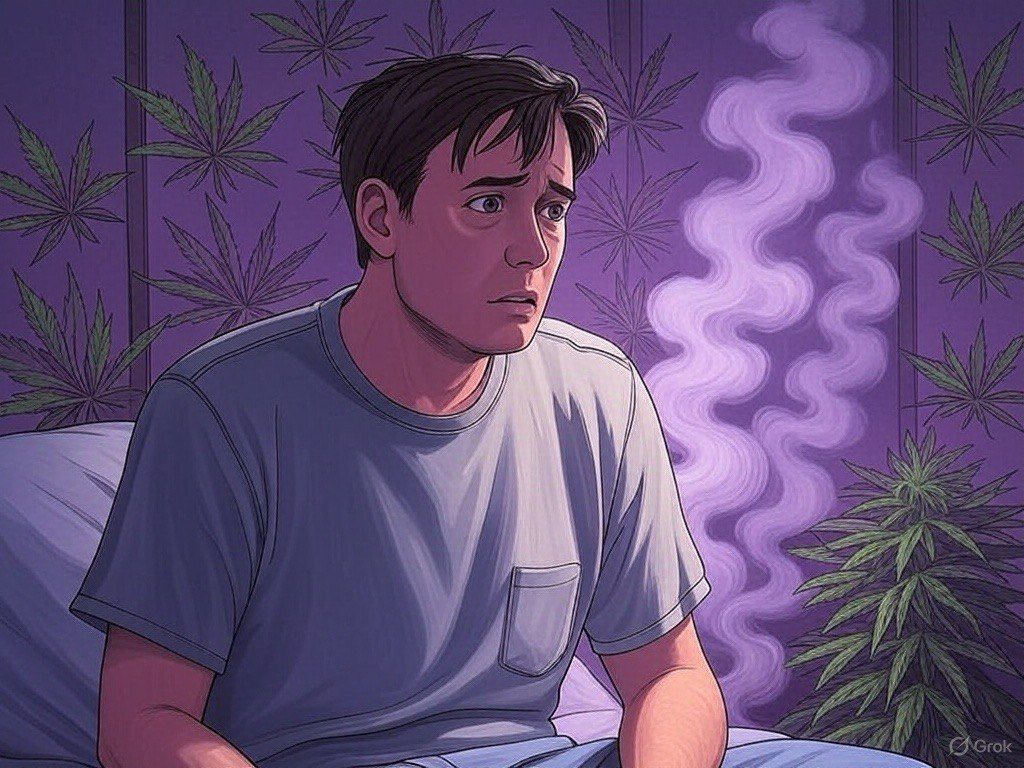 Anxious young man sitting on bed in a cannabis-filled room with purple smoke swirling around.