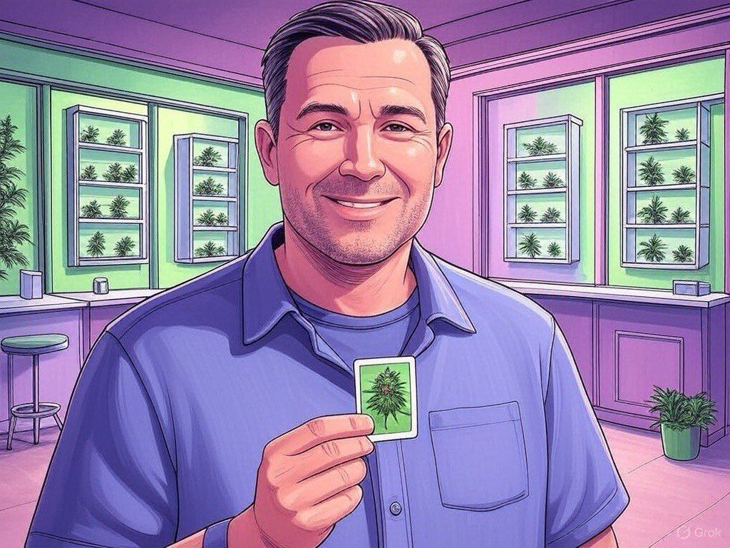Smiling man holding a cannabis ID card inside a dispensary with marijuana jars on shelves behind him