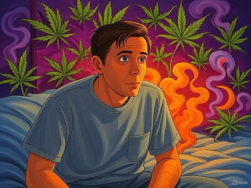 Illustrated man sitting on bed with a worried expression, surrounded by marijuana leaves and swirling colorful smoke.
