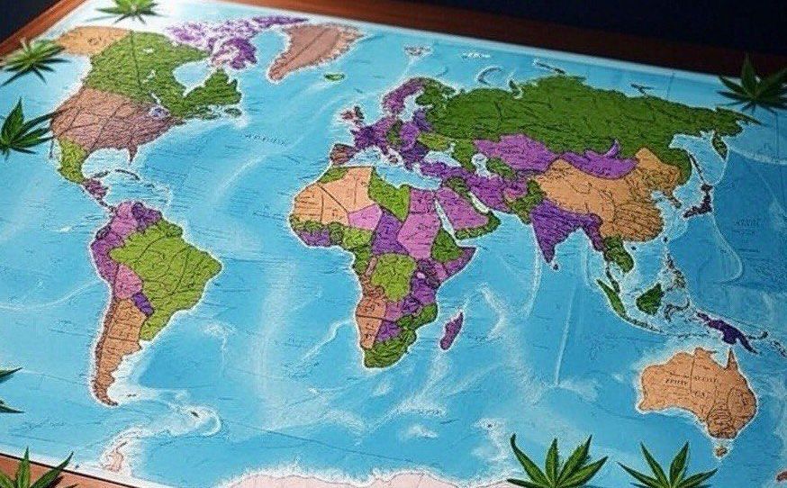 World map on table with cannabis leaves and colored countries showing global legalization.