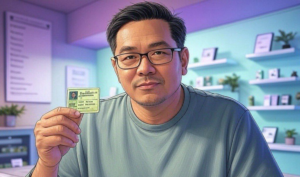 Man in bright office holds up medical marijuana card, shelves and plants behind him.
