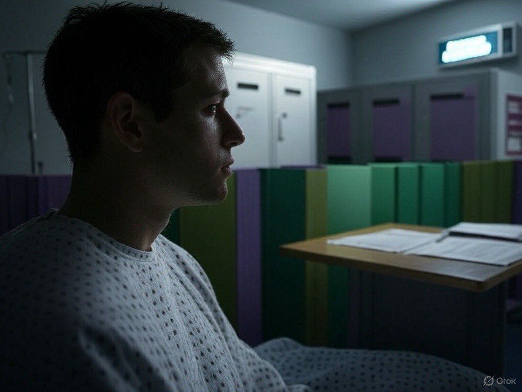 Man in hospital gown sitting in dimly lit emergency room with medical papers on table