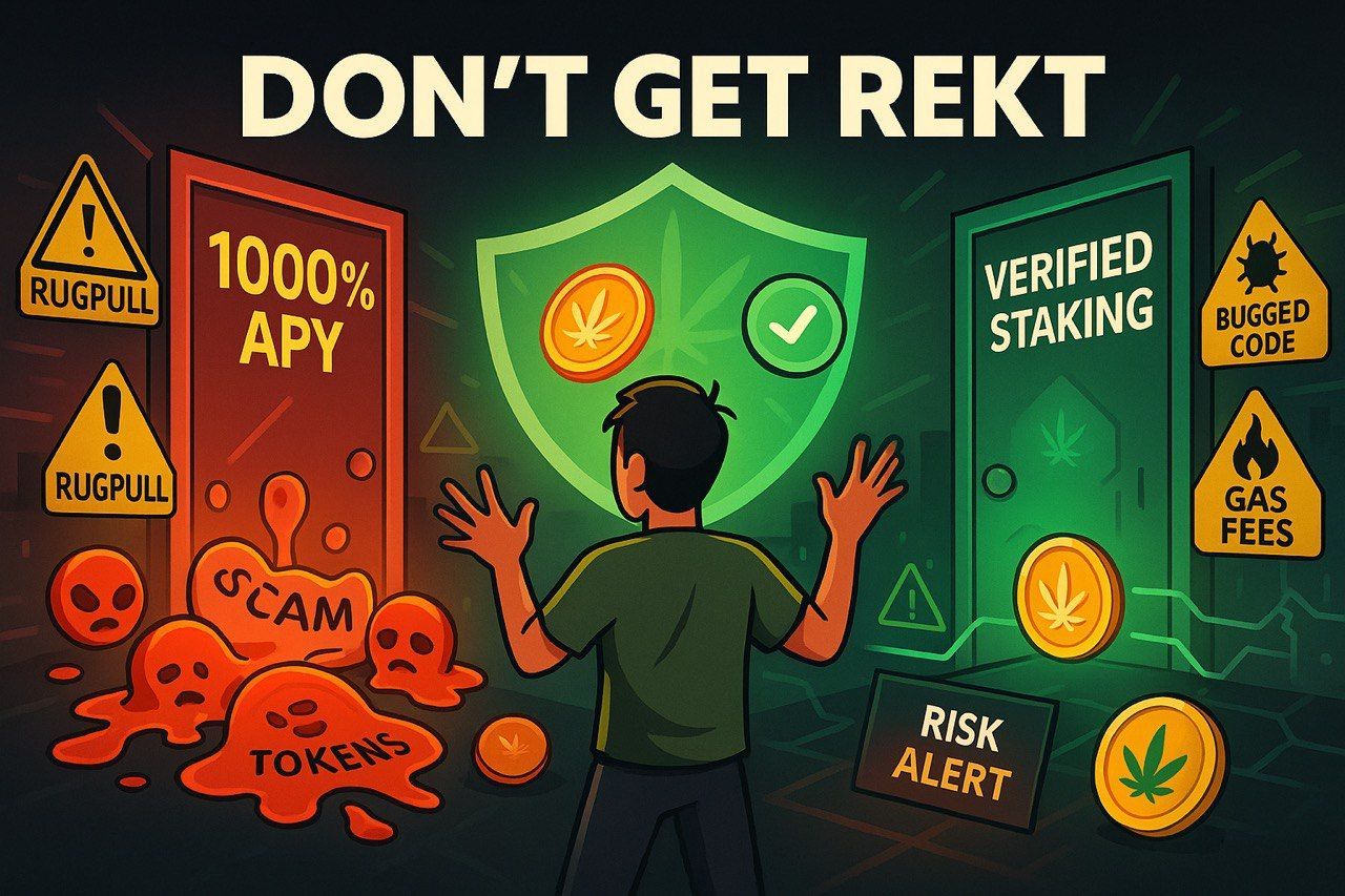 Avatar choosing between high-risk and verified DeFi options with scam tokens and warning signs visible