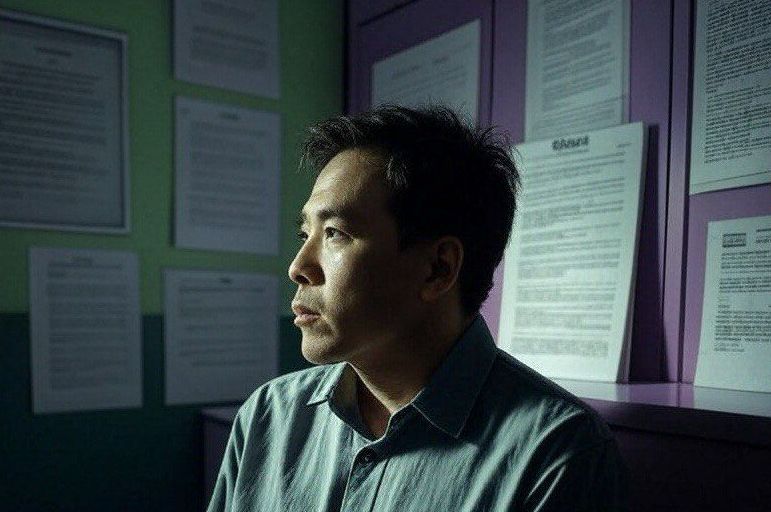 Man sitting in dimly lit room with paperwork on the walls, looking serious