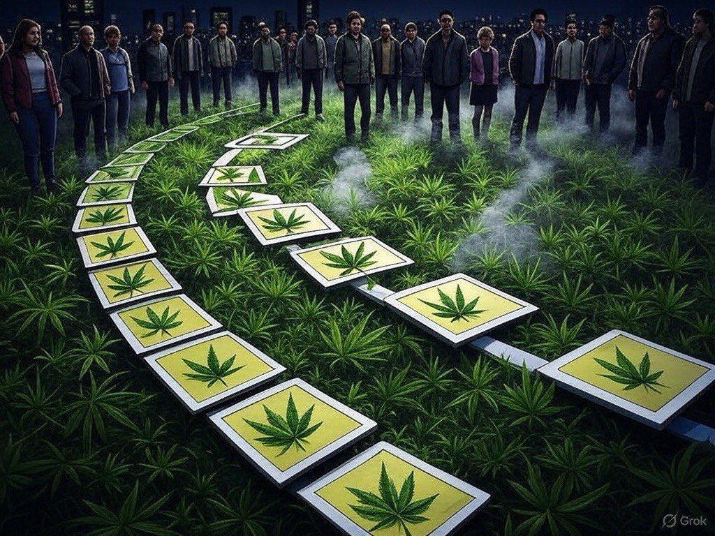 People encircle a glowing path of cannabis-leaf tiles in a digital field at night.