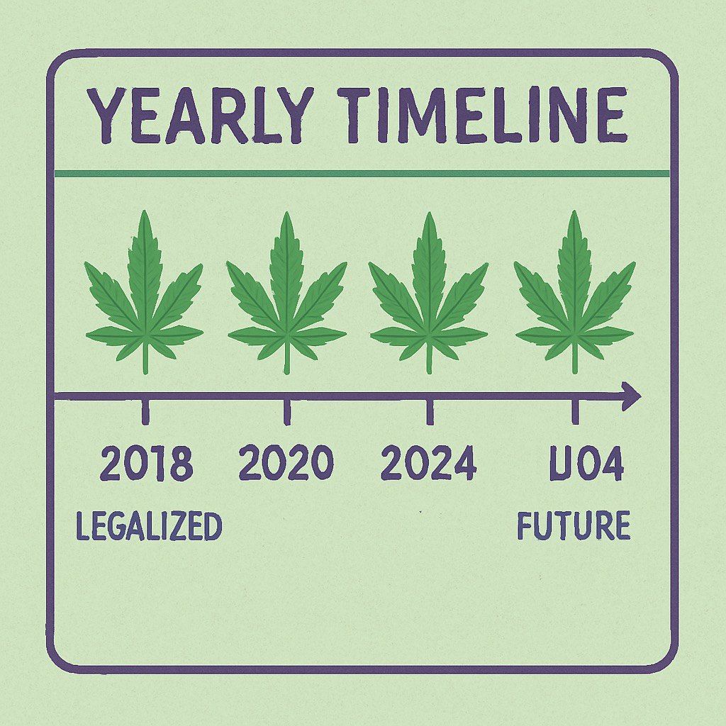 Cannabis legalization timeline showing marijuana leaves over years from 2018 to future.