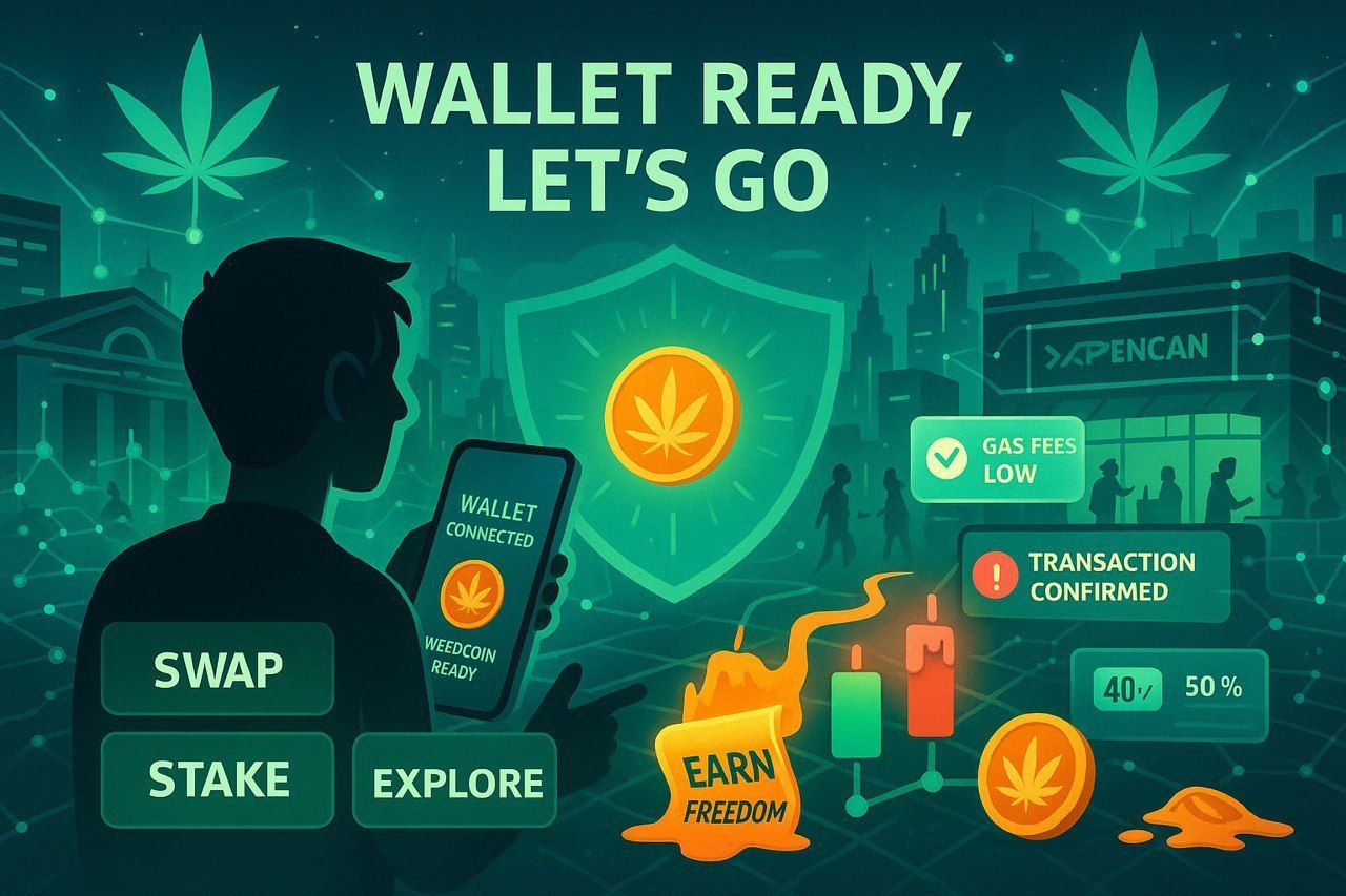 Avatar using connected wallet to explore DeFi actions like swapping and staking with WeedCoin dashboard