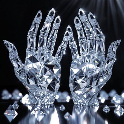 Crystal sculpture of two raised hands made of faceted diamond material with reflective light