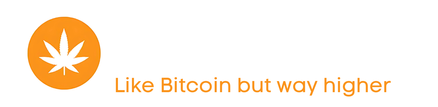 Weedcoin logo with orange cannabis leaf icon and slogan 