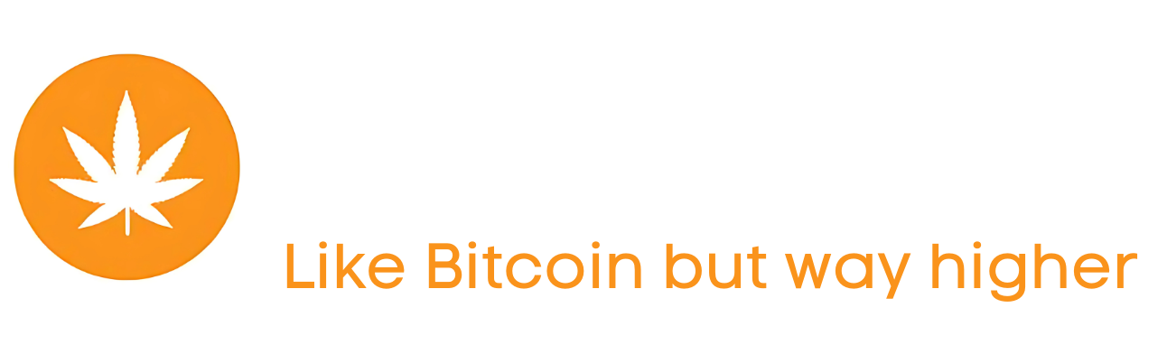 Weedcoin logo with orange cannabis leaf icon and slogan