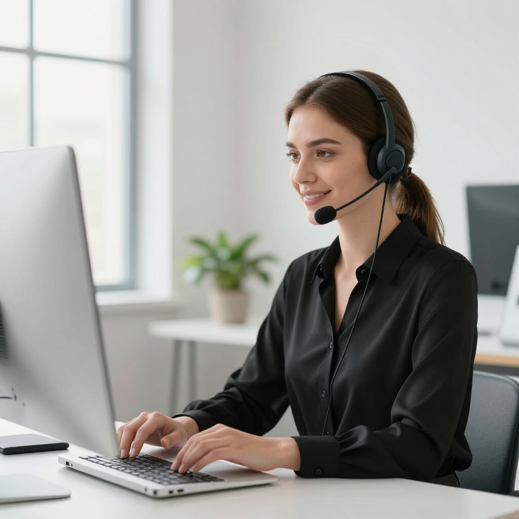 Customer service agent wearing a headset typing at a desk in a bright office