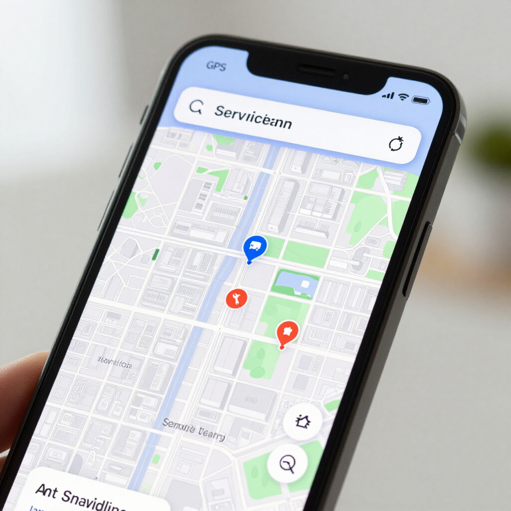 Phone screen showing a map in the Servicamp app with several location pins.