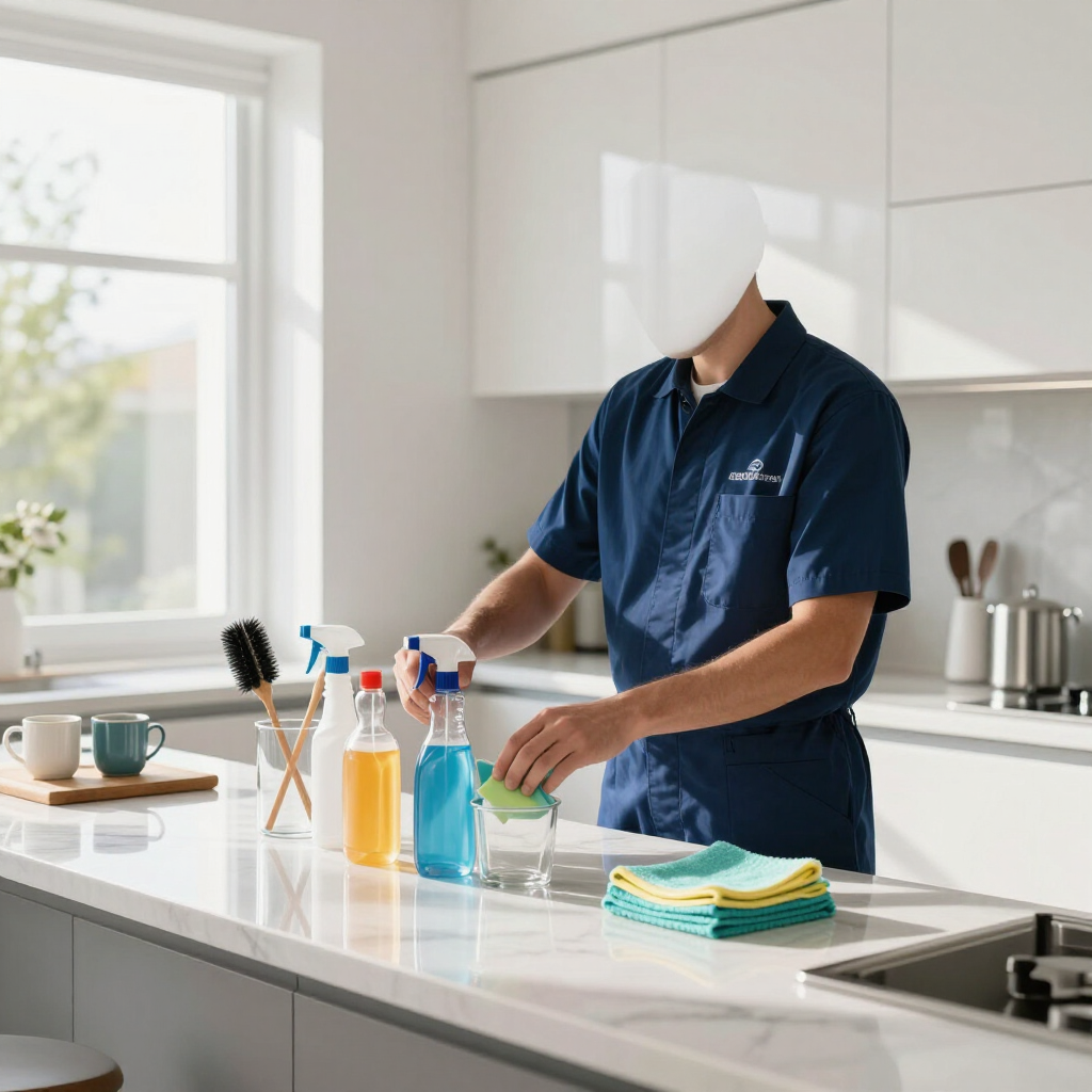 Person cleaning a bright kitchen counter with spray bottles and cloths