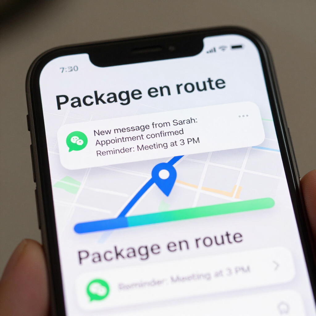 Smartphone screen showing a delivery tracking app with a blue route and green progress bar, “Package en route” text