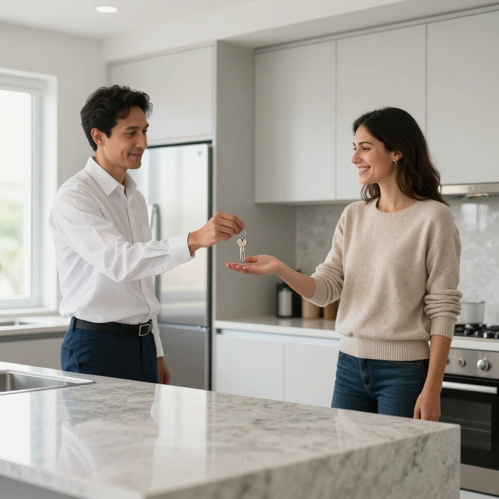 Two people smiling in a bright kitchen, passing keys over a marble island.
