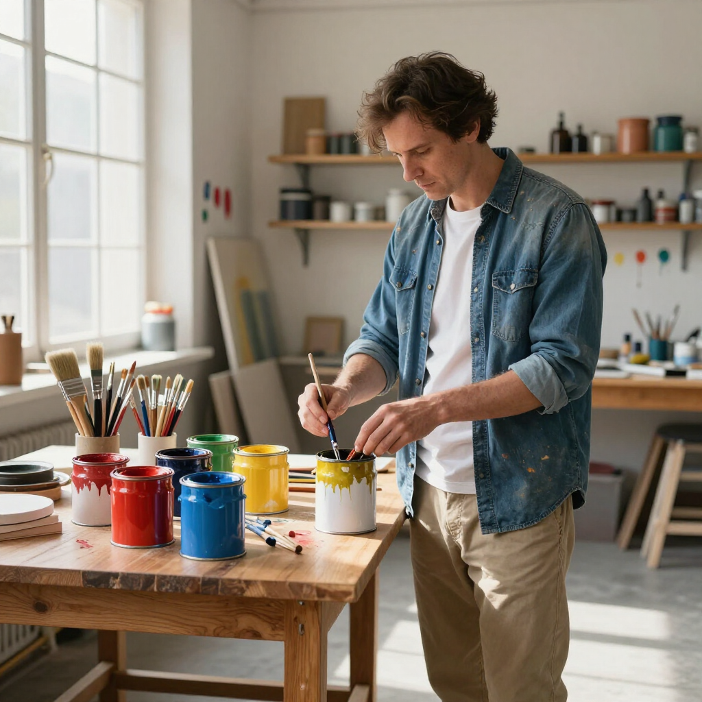Artist painting in a bright studio beside jars of colorful paint and brushes
