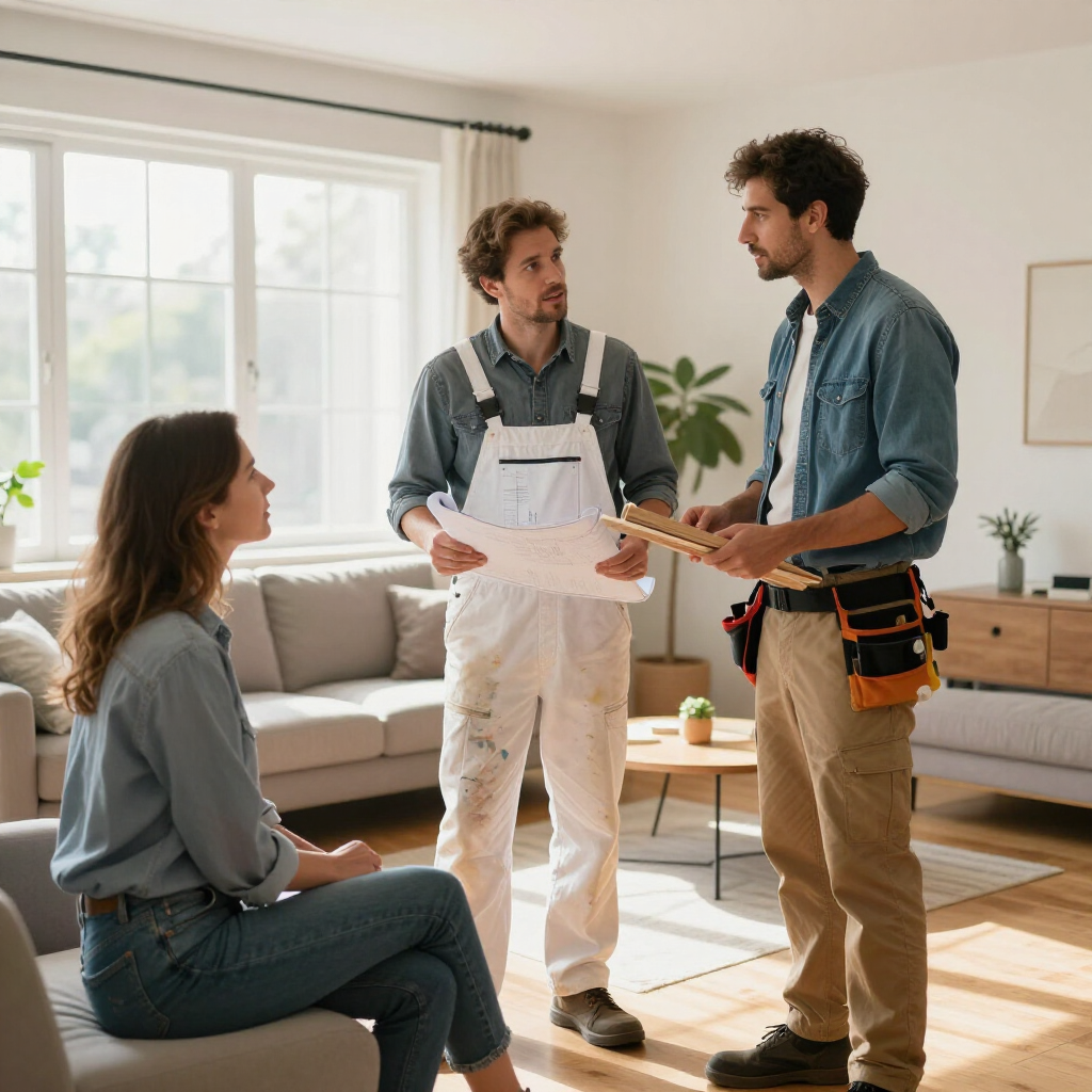 Three people discussing a home renovation in a bright living room, two standing with tools and one seated.