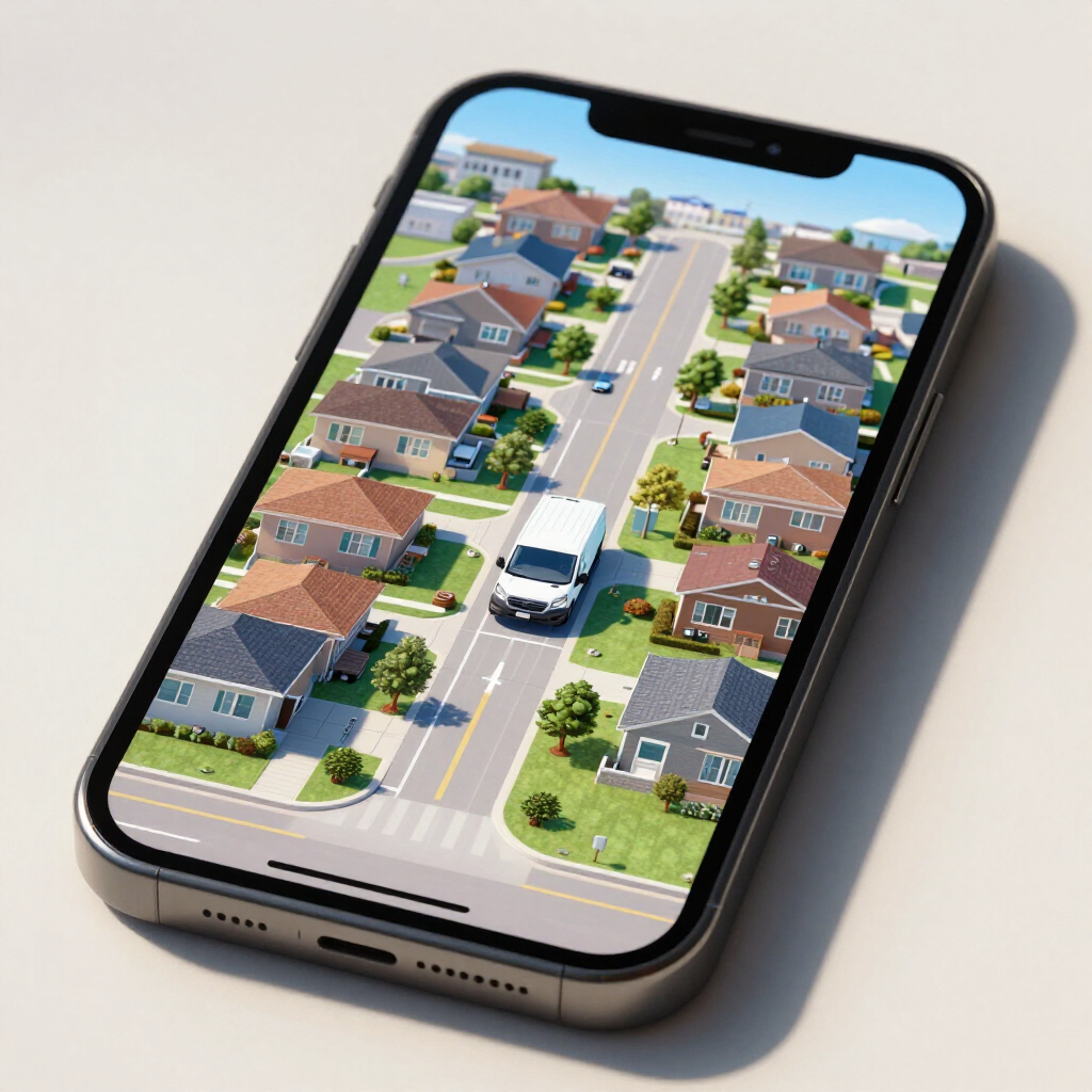 Smartphone showing a suburban neighborhood street with houses and a bus on the screen