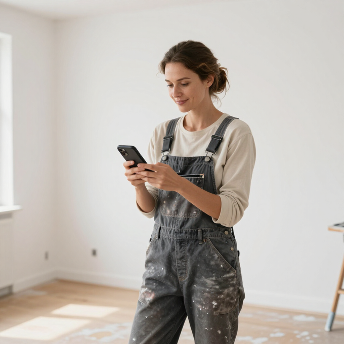 Person in paint-splattered overalls smiling at a phone in a bright, empty room