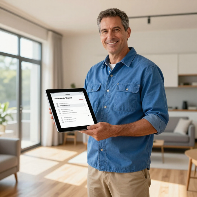 Smiling man holding a tablet in a bright living room with large windows