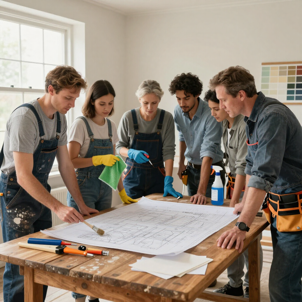 Team members in aprons gather around a table, reviewing plans and tools in a workshop.