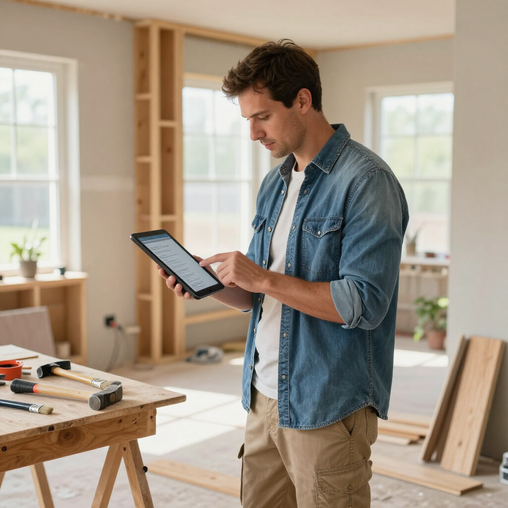 Person using a tablet at a workbench in a bright, unfinished room with tools and lumber.
