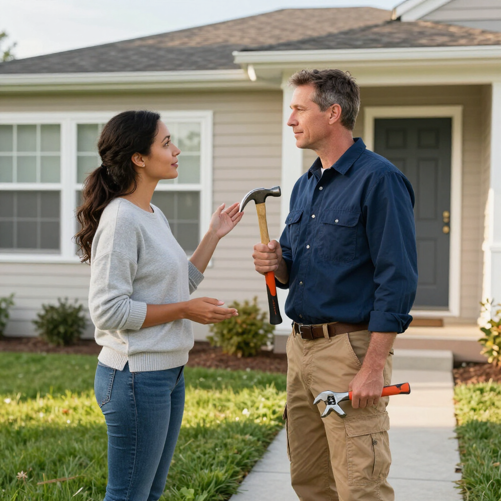 Two people talking outside a house; one holds a hammer, the other a wrench.