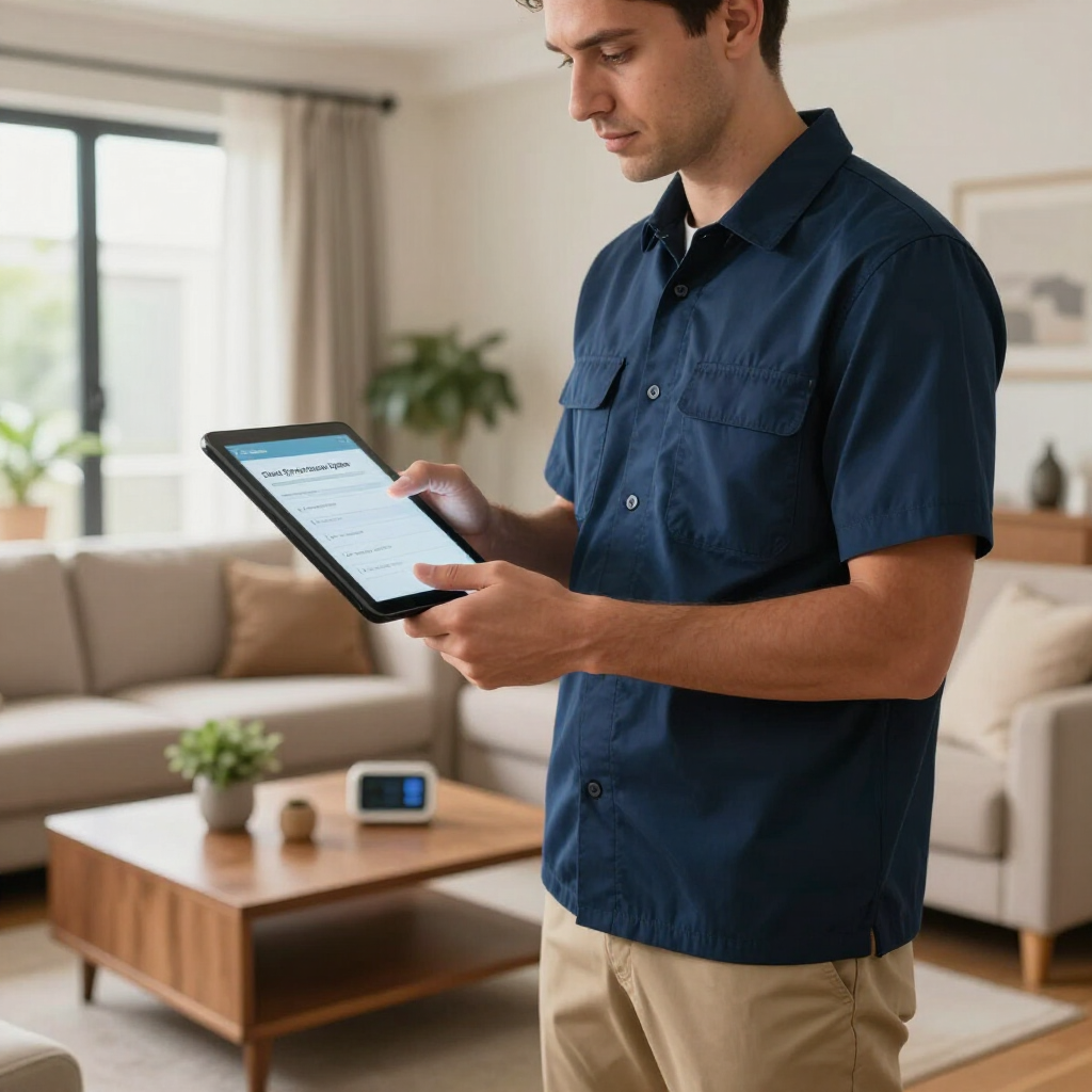 Man using a tablet in a bright living room, with a coffee table and sofa in the background