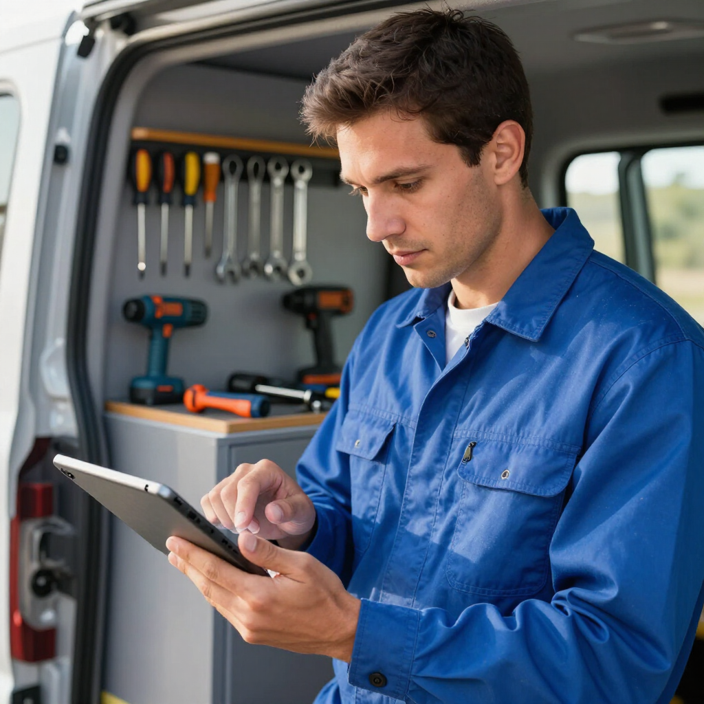 Technician in blue work shirt using a tablet inside a van with tools mounted on the wall.