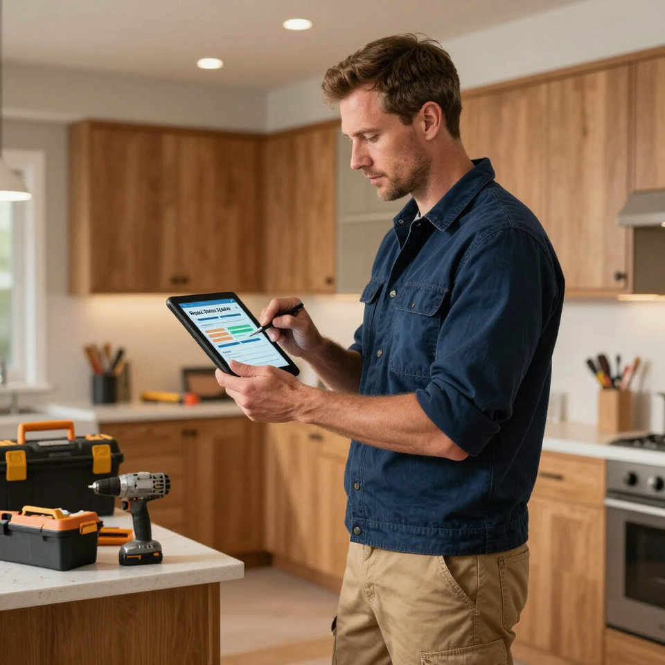 Man in a kitchen using a tablet to follow a DIY project beside tools on the counter