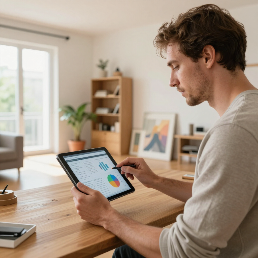 Person using a tablet with charts at a wooden desk in a bright home office