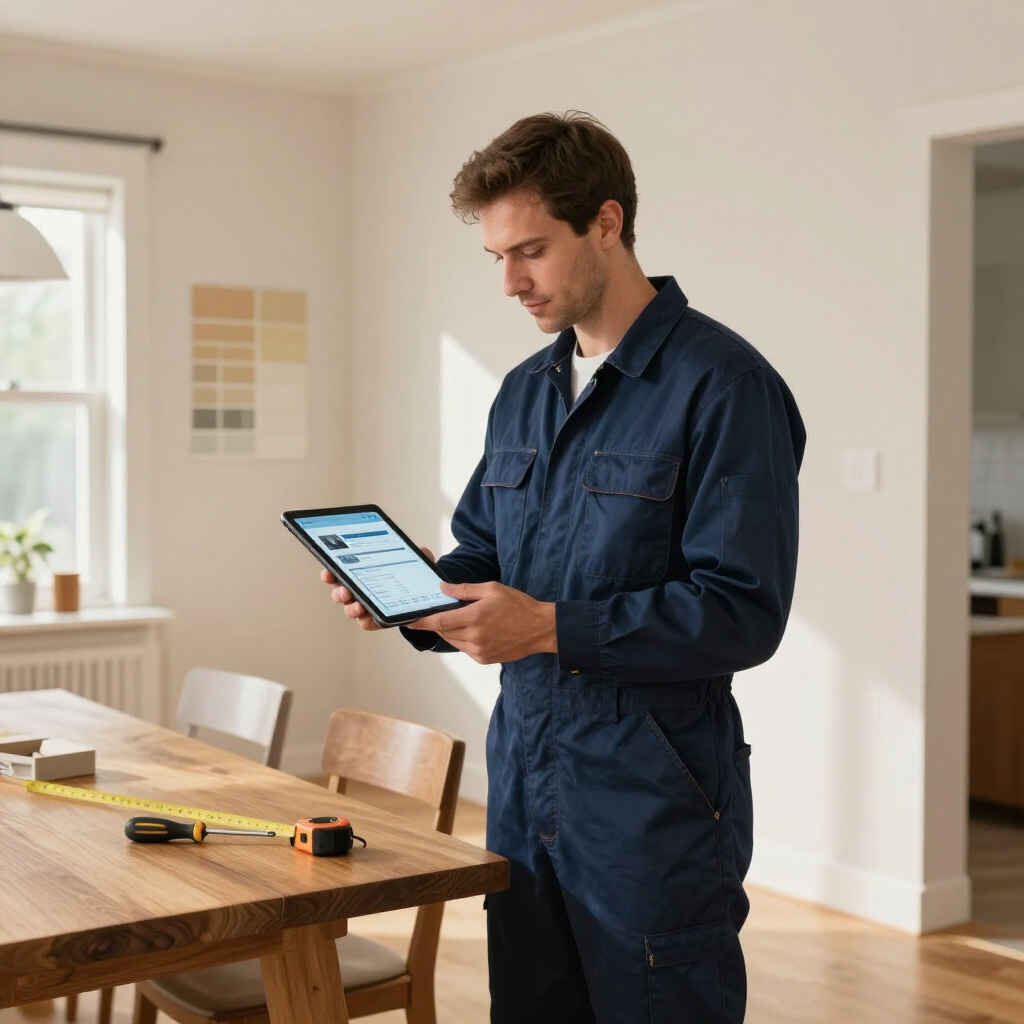 Person in blue coveralls using a tablet beside a wooden table with tools in a bright room