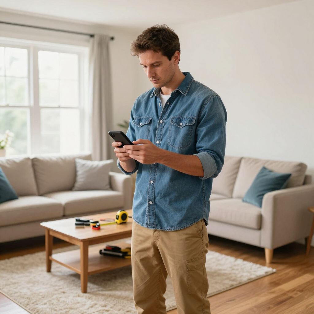 Person in a denim shirt using a phone in a bright living room beside a couch and coffee table