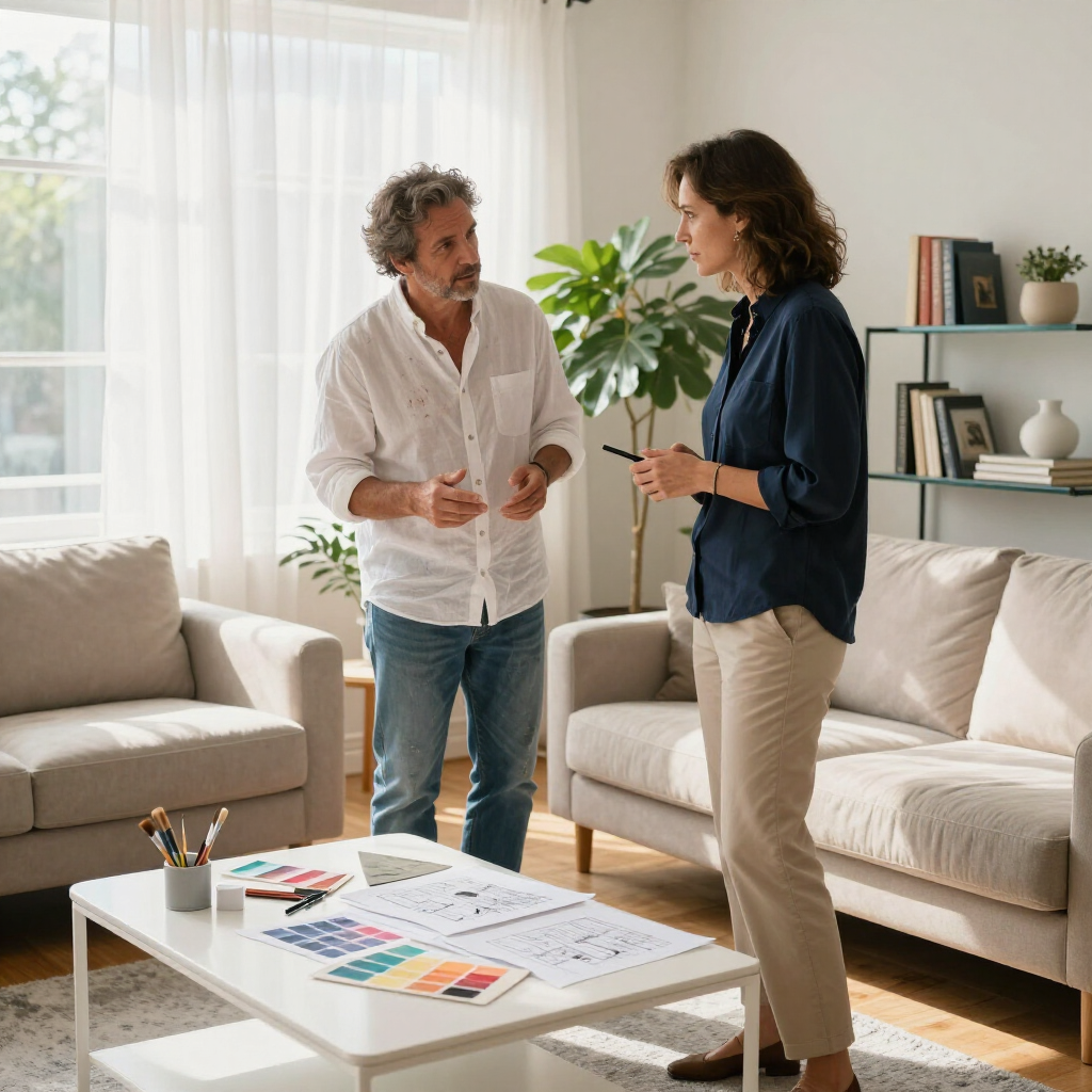 Two people discussing color swatches in a bright living room with sofa, coffee table, and plants