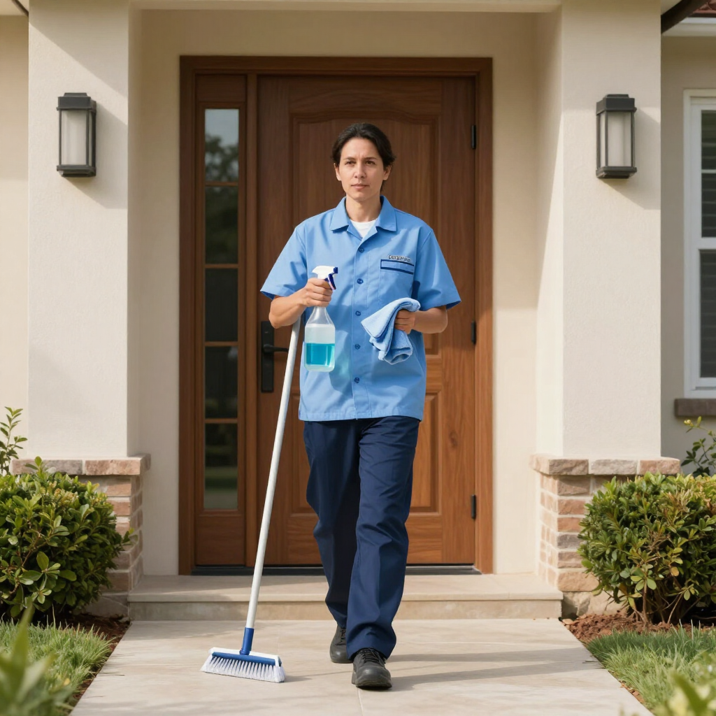 Cleaner mopping a front porch walkway outside a house while holding spray cleaner