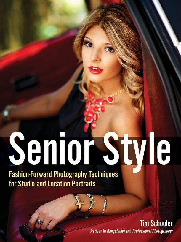 A book titled senior style features a woman in a red car
