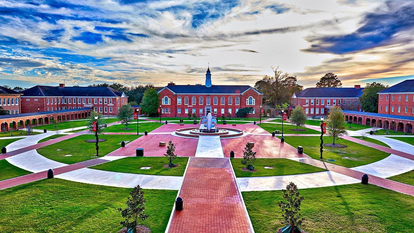 An aerial view of a college campus with a fountain in the middle.