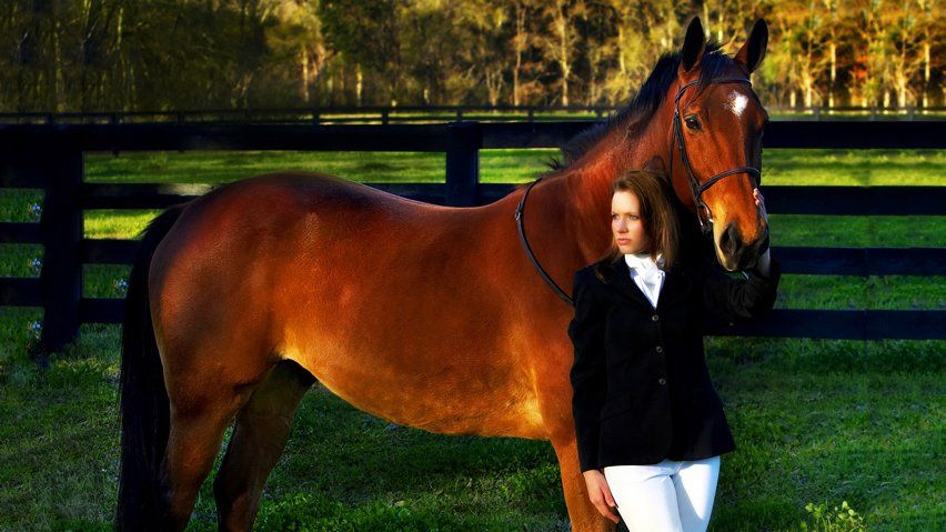 A woman is standing next to a brown horse in a field.