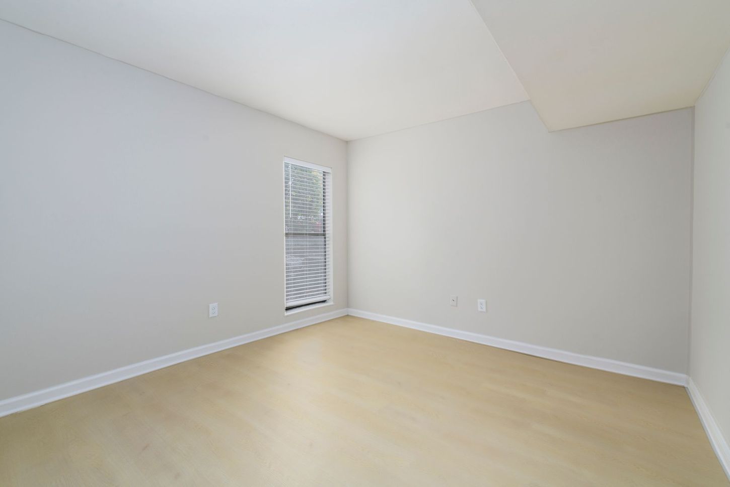 Empty room with light gray walls, window, and light wood-look flooring.