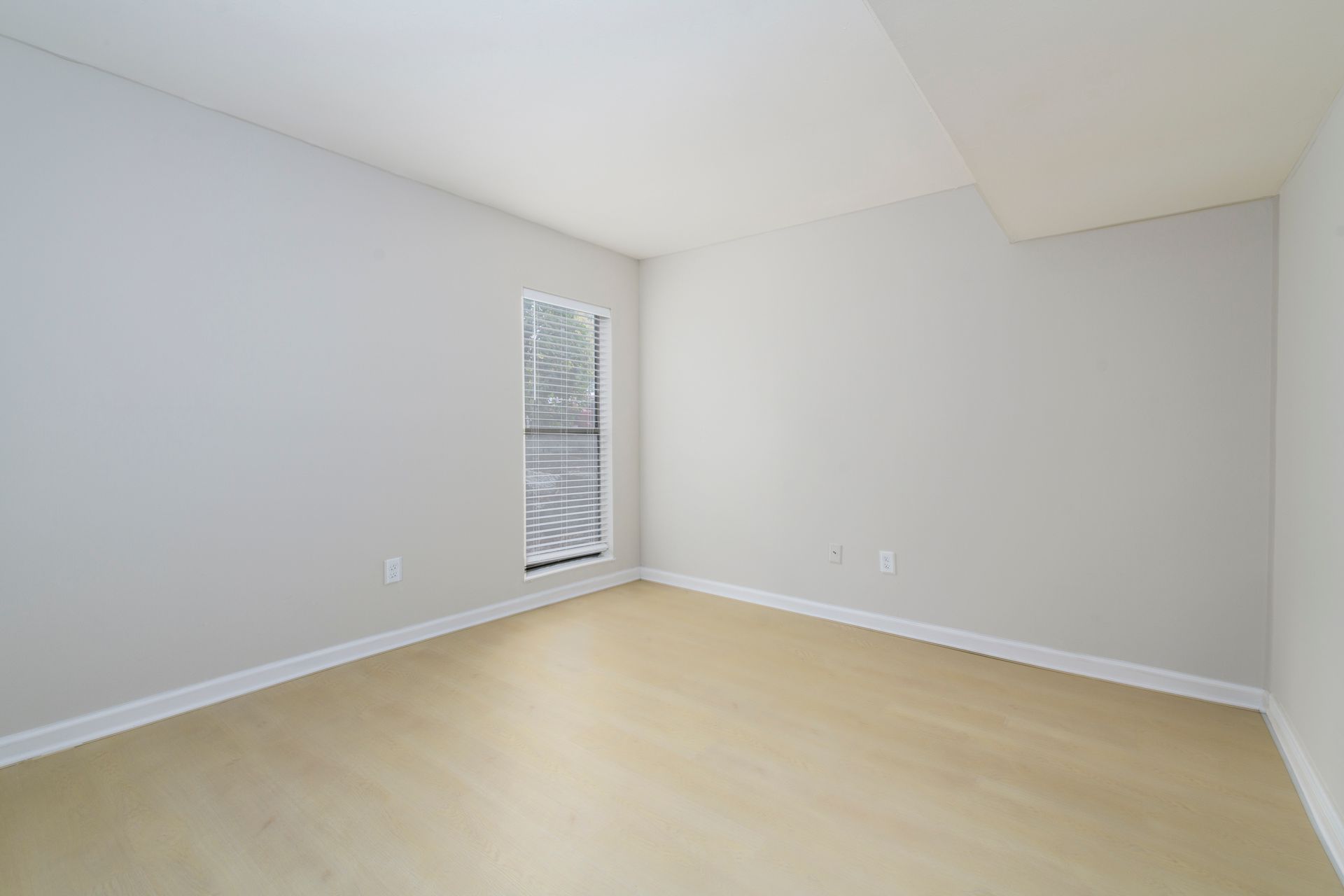 Empty room with light gray walls, window, and light wood-look flooring.